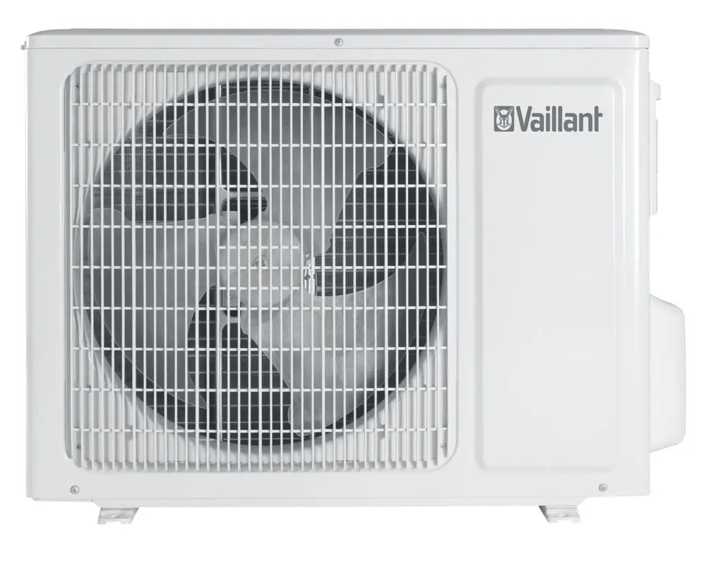Weiße Außeneinheit von Vaillant mit großem Ventilator und Metallgitter, geeignet für Klimaanlageninstallation.